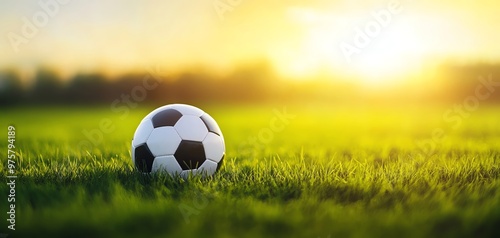 A close-up of a soccer ball resting on lush green grass during a vibrant sunset, capturing the essence of outdoor sports.