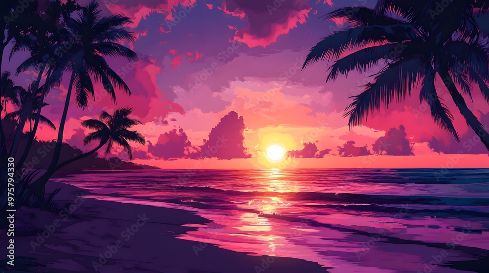 A stunning sunset over the tropical beach, with palm trees silhouetted against the vibrant colors of pink and purple in the sky A stunning sunset over the tropical beach, with palm trees silhouetted against the vibrant colors of pink and purple in the sky