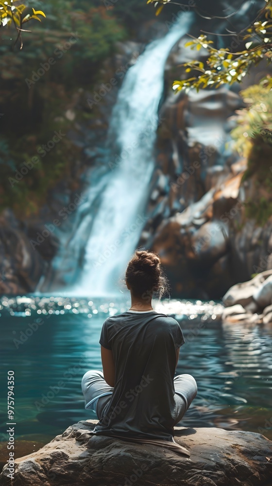 Fototapeta premium Peaceful Moment of Mindfulness by Cascading Waterfall in Lush Forest Landscape