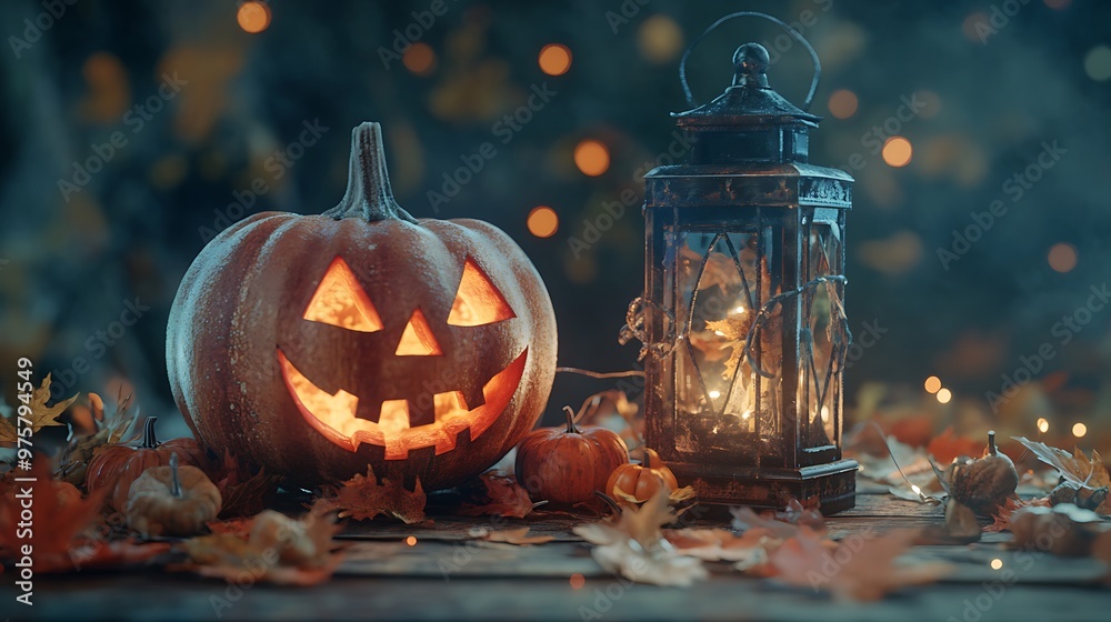 Cozy Halloween Scene with Jack O Lanterns and Warm Candlelight Cozy Halloween Scene with Jack O Lanterns and Warm Candlelight