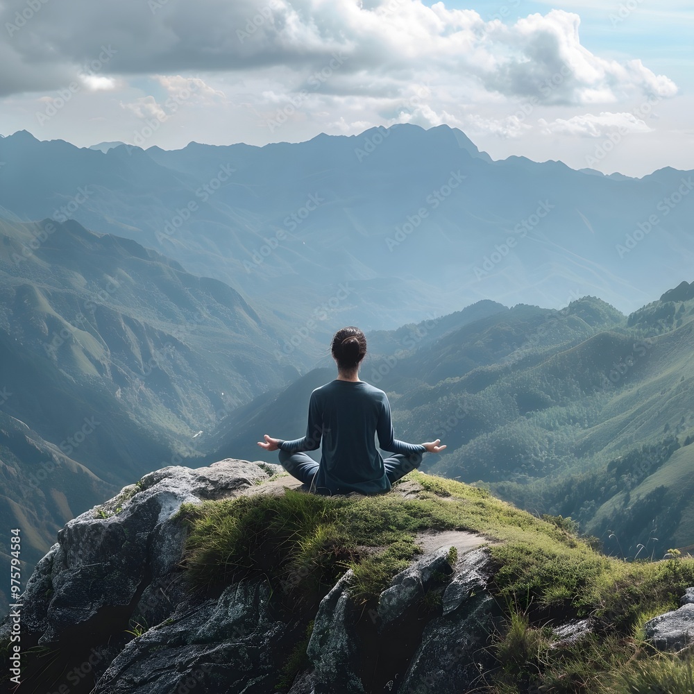 Fototapeta premium Solitary Meditation on a Majestic Mountain Overlook Offering Expansive Scenic Vistas