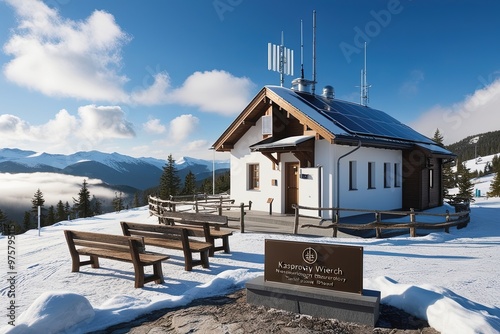 A serene high-mountain Meteorological Observatory situated atop Kasprowy Wierch in the majestic Tatra Mountains of Poland, surrounded by a blanket of snow-covered peaks and pine trees, with wispy fog 