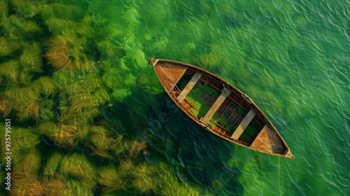 A serene wooden boat floating on clear green waters, surrounded by natural beauty. Perfect for nature lovers and peaceful retreats. photo