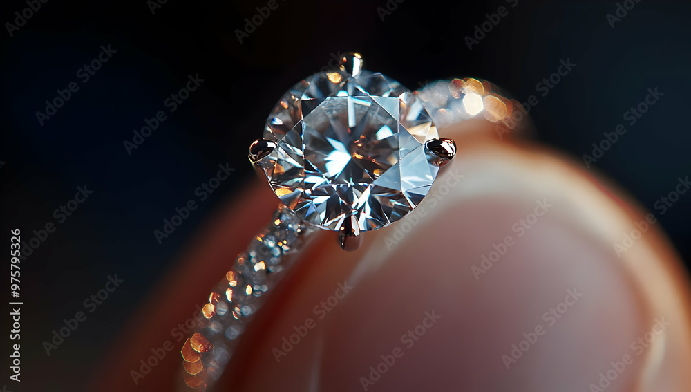 Close-up of a sparkling diamond ring held delicately between fingers, showcasing its brilliant cut and sparkling details. Close-up of a sparkling diamond ring held delicately between fingers, showcasing its brilliant cut and sparkling details.