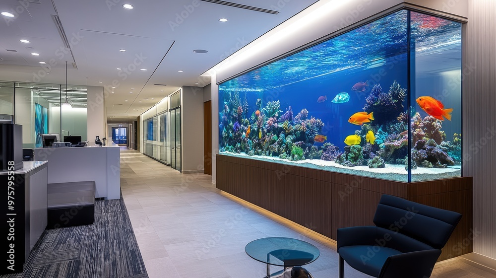 View of Large aquarium with colorful fish and aquatic plants at the center of a ...