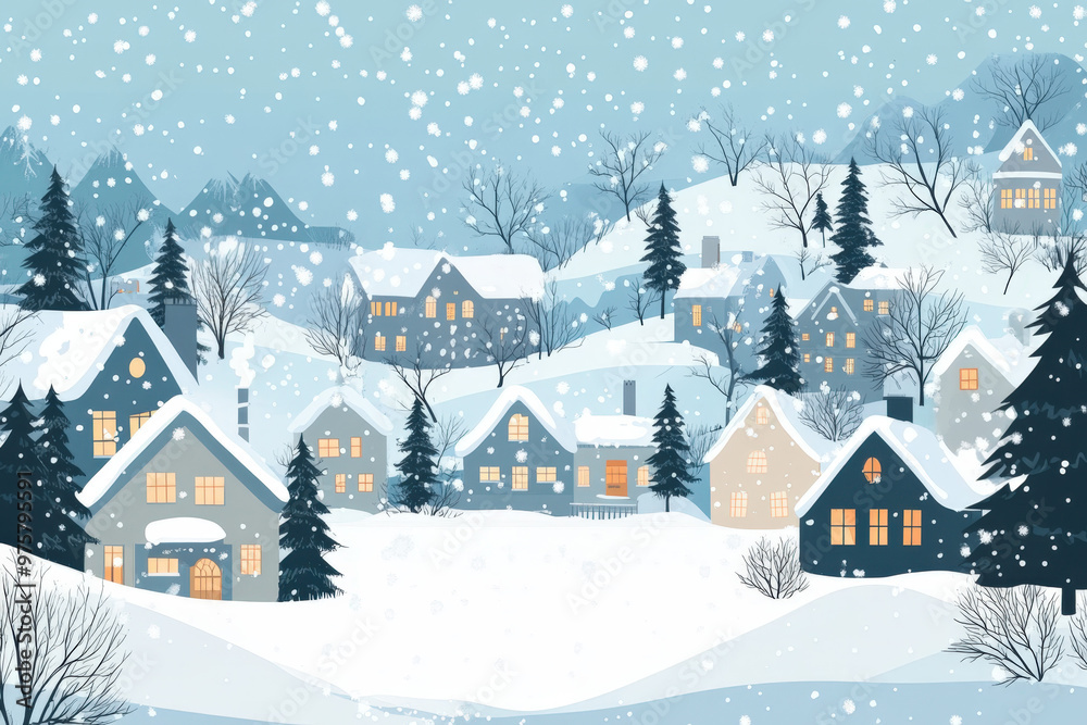 Snowy mountain village with many houses nestled among the trees is illuminated by warm lights as snow falls Snowy mountain village with many houses nestled among the trees is illuminated by warm lights as snow falls