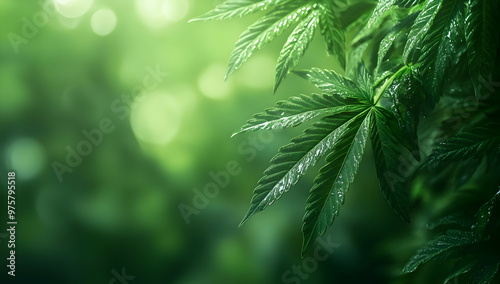 Close-up of lush green cannabis leaves against a soft blurred background, capturing the beauty of nature and the plant's detail.