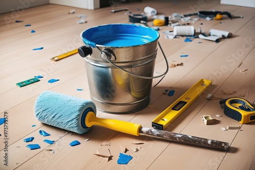 A shallow focus, high-contrast close-up of a sturdy, metal bucket with a paint roller lying adjacent to it on a freshly laid, light-brown hardwood floor, surrounded by scattered paint chips and scatte photo