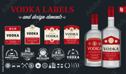 Vector red and beige vodka labels. Realistic vodka glass bottle mockups. Distillery branding and identity design elements
