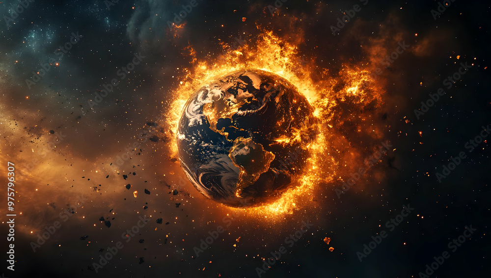 A dramatic depiction of Earth engulfed in flames, set against a cosmic background, symbolizing destruction and transformation. A dramatic depiction of Earth engulfed in flames, set against a cosmic background, symbolizing destruction and transformation.