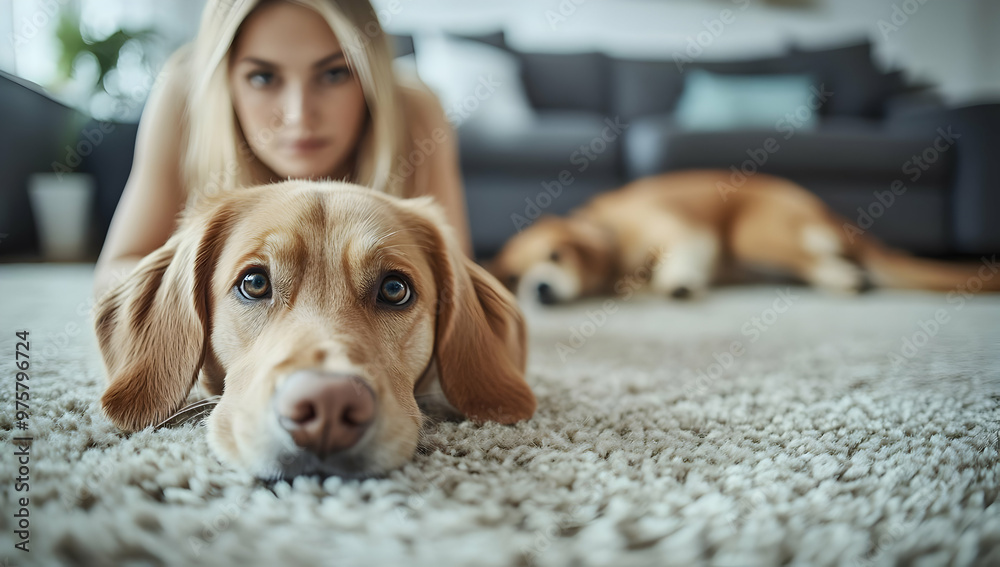 A woman enjoys quiet time at home with her dog, capturing a moment of love and companionship on a cozy carpeted floor. A woman enjoys quiet time at home with her dog, capturing a moment of love and companionship on a cozy carpeted floor.