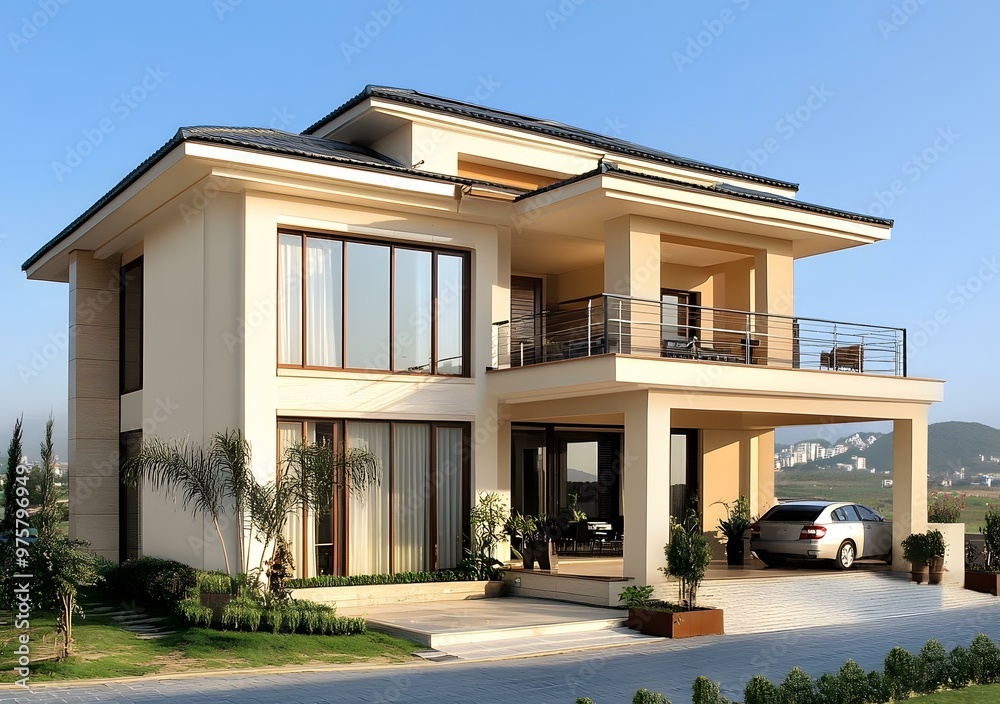 Modern Two Story House with Balconies and a Garage
