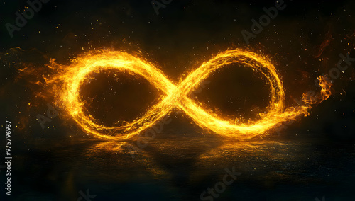 A vibrant fire symbol representing infinity, glowing against a dark background, ideal for conveying endless possibilities. photo