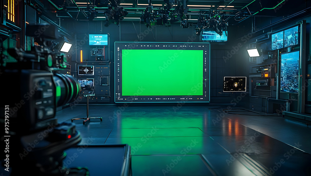 A modern studio setup featuring a green screen, camera, and advanced technology ready for video production. A modern studio setup featuring a green screen, camera, and advanced technology ready for video production.