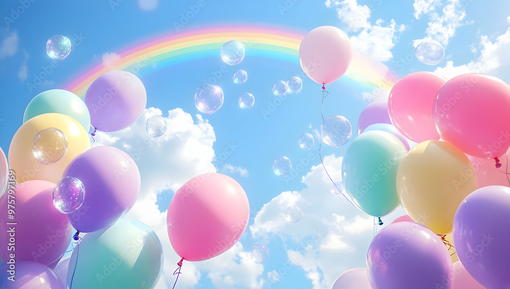 Colorful balloons float under a blue sky, with a vibrant rainbow and gentle bubbles creating a joyful atmosphere. Colorful balloons float under a blue sky, with a vibrant rainbow and gentle bubbles creating a joyful atmosphere.