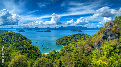 Langkawi Island is beautiful, the sea is beautiful, the sky is clear, the clouds are beautiful, and the trees are green.