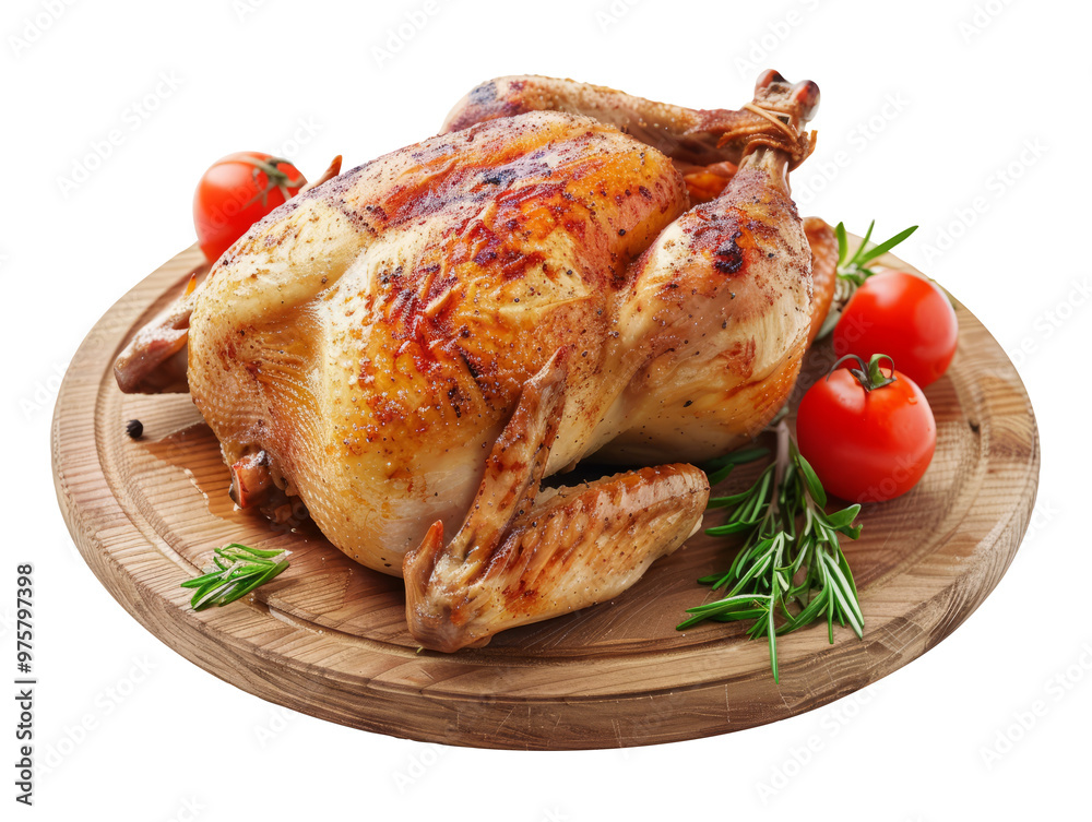 Whole fully cooked roasted chicken on a wooden cutting board. Whole fully cooked roasted chicken on a wooden cutting board.