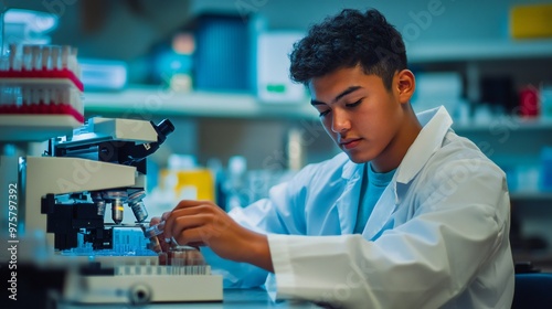A student responds to alerts from lab equipment, checking for issues and making necessary adjustments.
