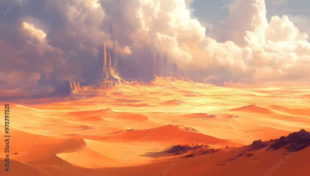 A stunning desert landscape with towering structures and dramatic clouds, showcasing the beauty of nature's vastness. A stunning desert landscape with towering structures and dramatic clouds, showcasing the beauty of nature's vastness.