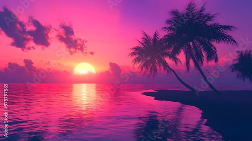 A stunning sunset over the tropical beach, with palm trees silhouetted against the vibrant colors of pink and purple in the sky