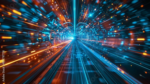 Abstract Digital Tunnel with Glowing Lights and Lines