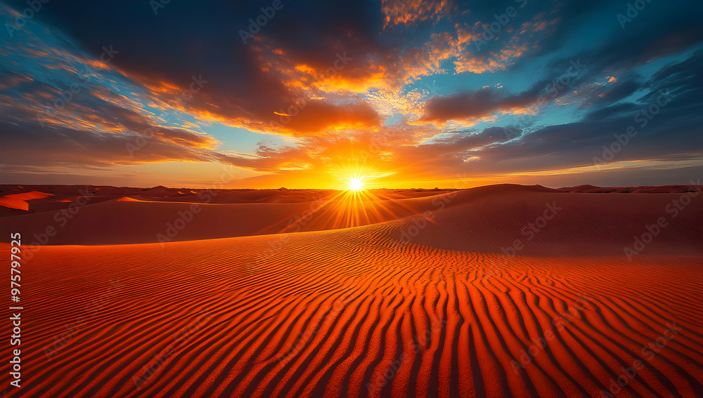 Stunning desert sunset showcasing vibrant hues of orange and blue, casting shadows on the sandy dunes under a dramatic sky. Stunning desert sunset showcasing vibrant hues of orange and blue, casting shadows on the sandy dunes under a dramatic sky.