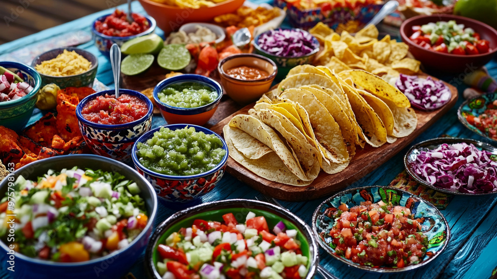 Fototapeta premium Celebrate National Taco Day with tasty tacos and fresh toppings for a festive feast!