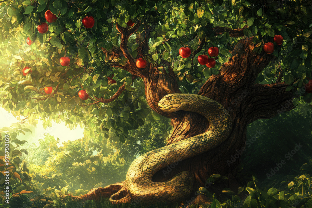 Big snake coiled around tree trunk looking at red fruits in a lush ...