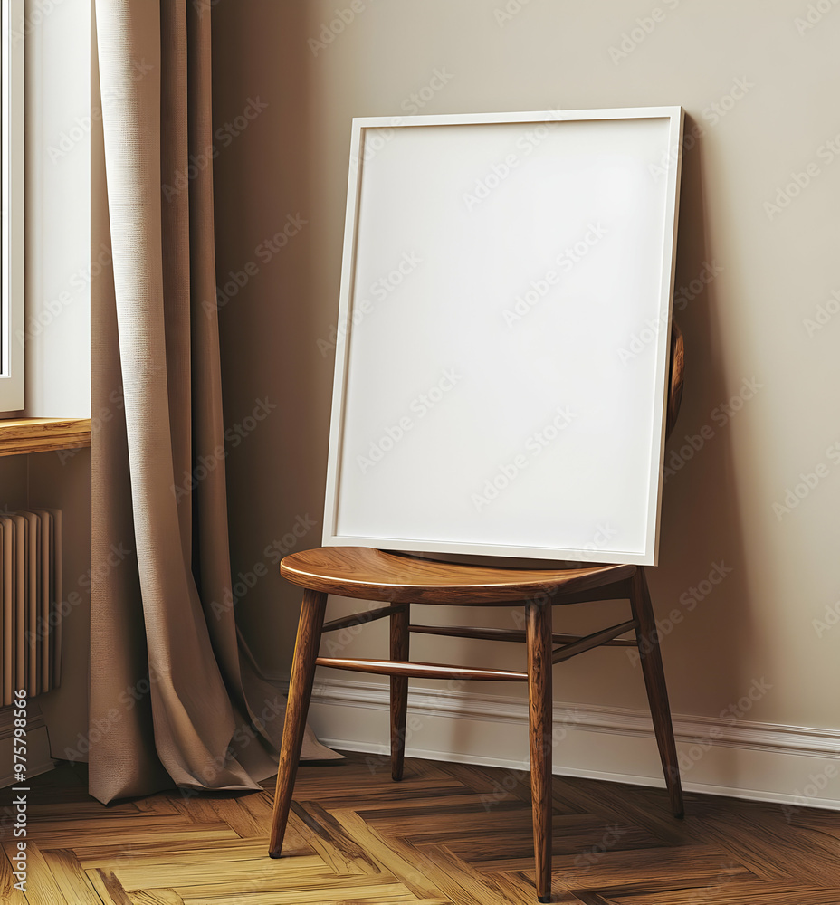 A simple, elegant empty frame on a wooden chair, perfect for showcasing artwork in a cozy interior setting. A simple, elegant empty frame on a wooden chair, perfect for showcasing artwork in a cozy interior setting.