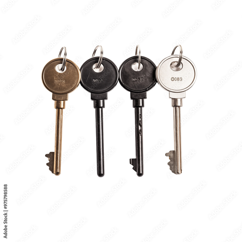 Four Different Colored Keys Hanging On Rings Against White Background Four Different Colored Keys Hanging On Rings Against White Background
