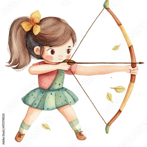 cute girl playing Archery watercolor clipart illustration isolated