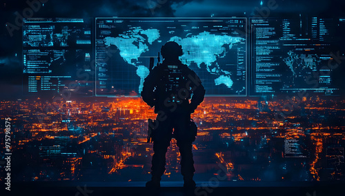 A soldier stands in front of a high-tech screen displaying a world map and data, overlooking a vibrant city at night.