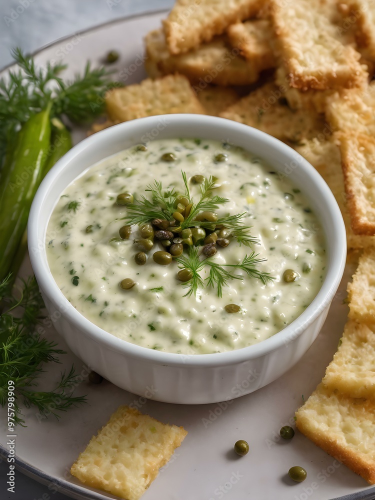 Tartar sauce in a ramekin with chopped pickles, dill, and capers around Tartar sauce in a ramekin with chopped pickles, dill, and capers around