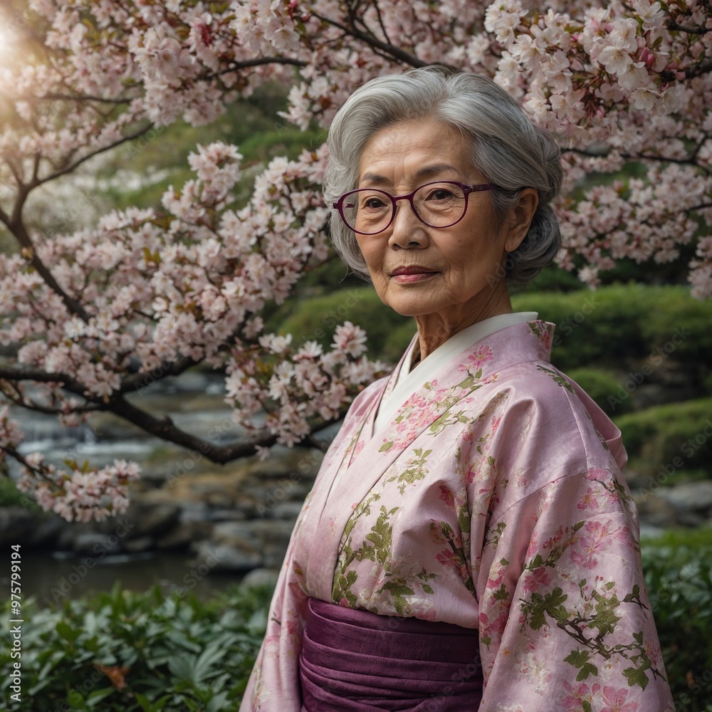 Elderly Japanese woman with gray hair wearing pink and purple floral kimono, standing in front of blooming cherry blossom tree Elderly Japanese woman with gray hair wearing pink and purple floral kimono, standing in front of blooming cherry blossom tree