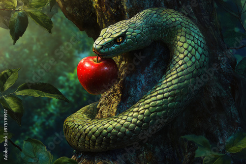 Green serpent is wrapped around a tree trunk, offering a red apple