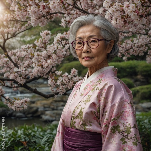 Wallpaper Mural Elderly Japanese woman with gray hair wearing pink and purple floral kimono, standing in front of blooming cherry blossom tree Torontodigital.ca