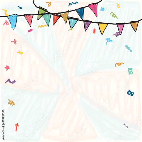 Colorful hanging flag garlands hand drawn childish style graphic illustration. Party background square template have blank space.