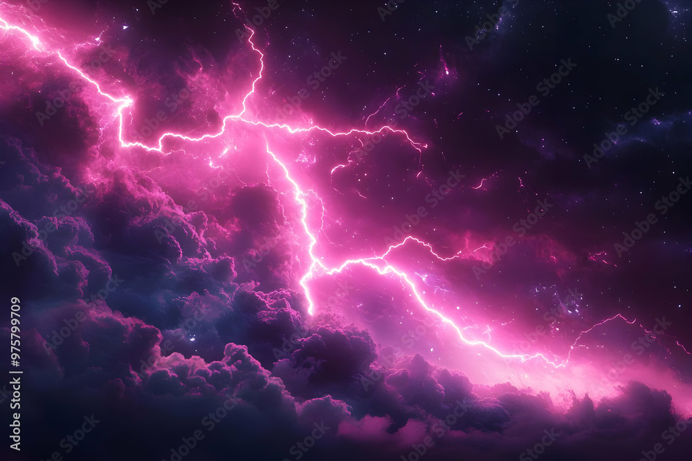 A stunning display of pink lightning illuminating the dark clouds in a surreal night sky, creating a mesmerizing cosmic scene. A stunning display of pink lightning illuminating the dark clouds in a surreal night sky, creating a mesmerizing cosmic scene.