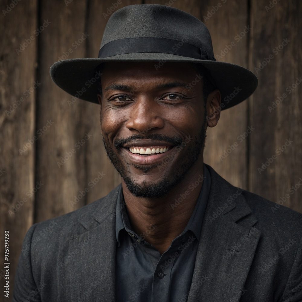 Middle-aged Black man with short dark hair wearing black hat and dark shirt, smiling against wooden background Middle-aged Black man with short dark hair wearing black hat and dark shirt, smiling against wooden background