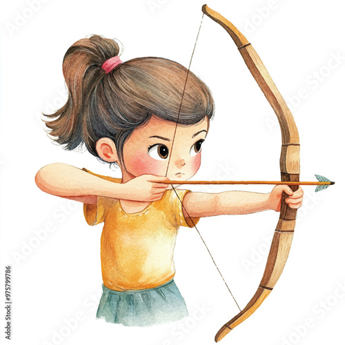 cute girl playing Archery watercolor clipart illustration isolated