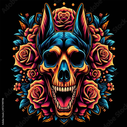 A skull with a dog's head on top of it and roses surrounding it. The skull has a mouth open and teeth showing