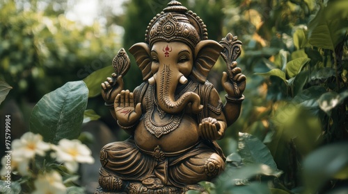 An eco-friendly Ganesha statue adorned with leaves and flowers, reflecting harmony with nature.