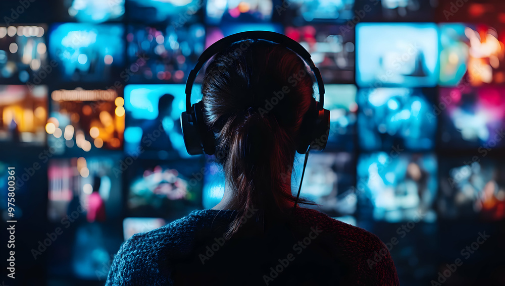 A focused individual wearing headphones, immersed in a digital world of vibrant screens and media content, showcasing technology and creativity. A focused individual wearing headphones, immersed in a digital world of vibrant screens and media content, showcasing technology and creativity.