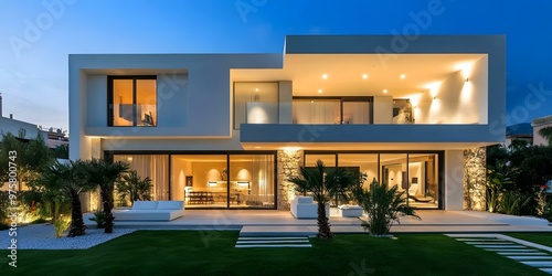 Modern White House with Glass Windows and Stone Walls at Dusk