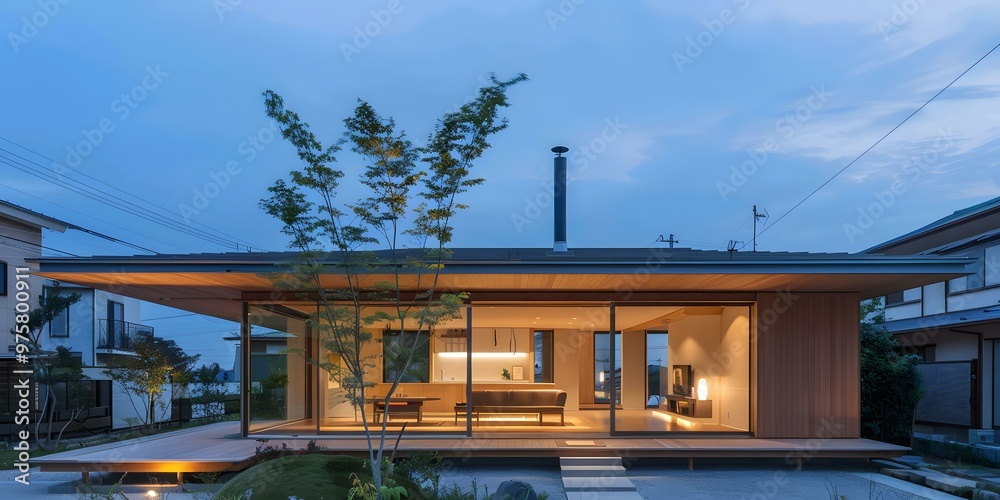 Modern Japanese House with Wooden Deck and Large Windows Modern Japanese House with Wooden Deck and Large Windows