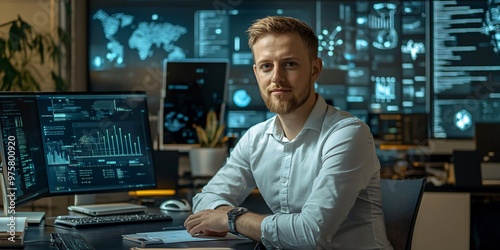 A portrait of a blockchain expert working in a modern office, surrounded by digital graphics and diagrams depicting the future of the technology photo