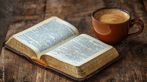 an inspirational morning scene featuring an open bible and a cup of coffee on a rustic wooden table, highlighting the simplicity and calm of daily devotion