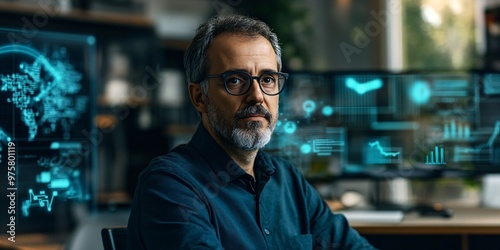 A portrait of a blockchain expert working in a modern office, surrounded by digital graphics and diagrams depicting the future of the technology