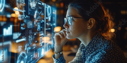 Portrait of young businesswoman in eyeglasses working on computer at night in office photo