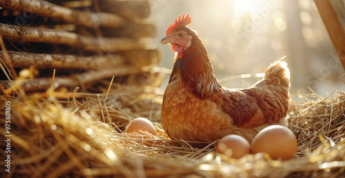 Brown hen sitting on eggs in straw nest